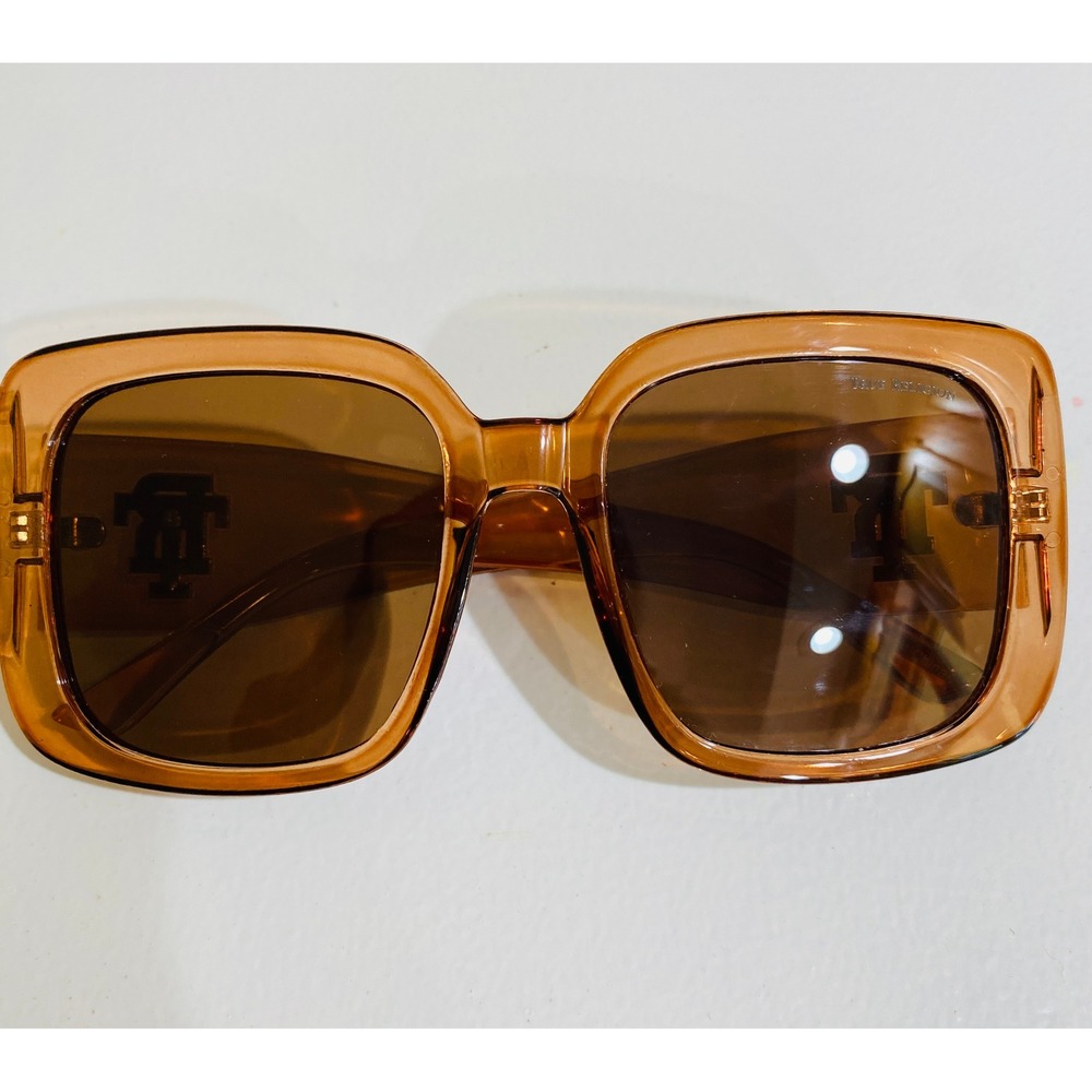True Religion Womens Square Sunglasses Amber Translucent Gold Horseshoe Logo
